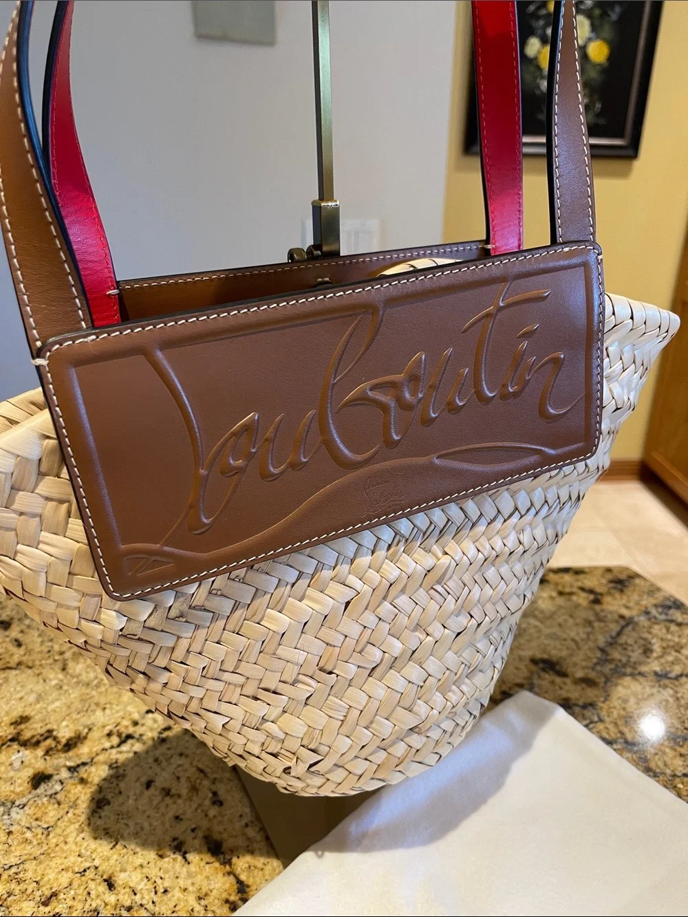 Christian Louboutin Tan & Natural Woven Straw Tote with Red-Trim Handles - Picture 3 of 8